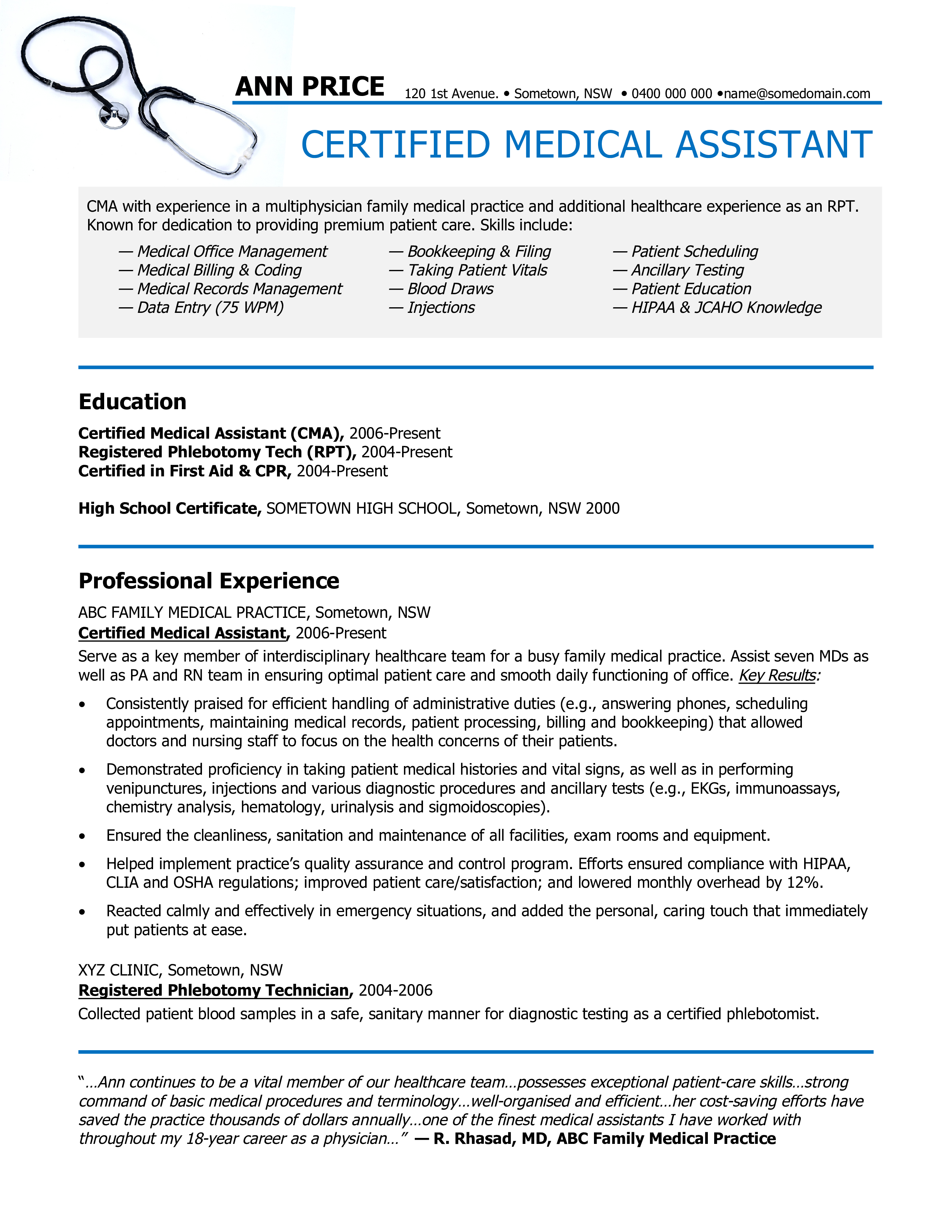 Certified Medical Assistant Resume Sample Gratis