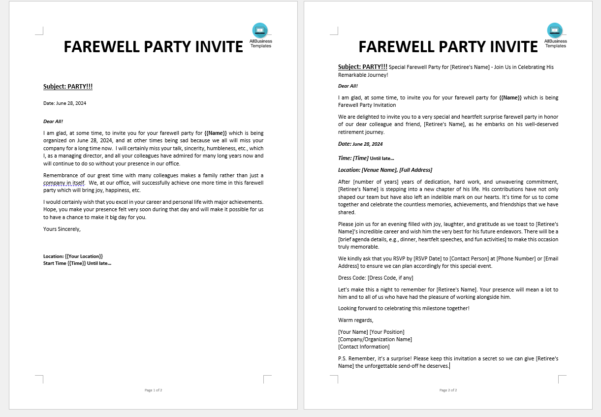 Farewell Party Invitation Letter 模板