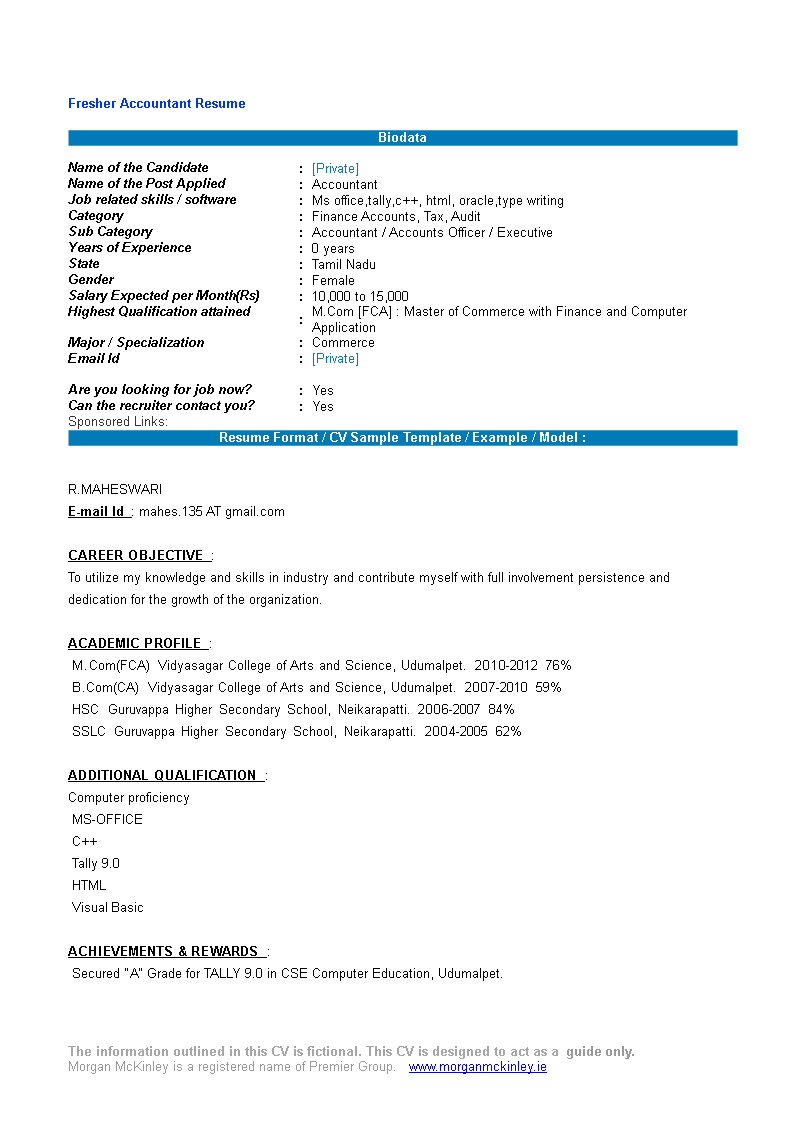 resume format for accountant job for fresher