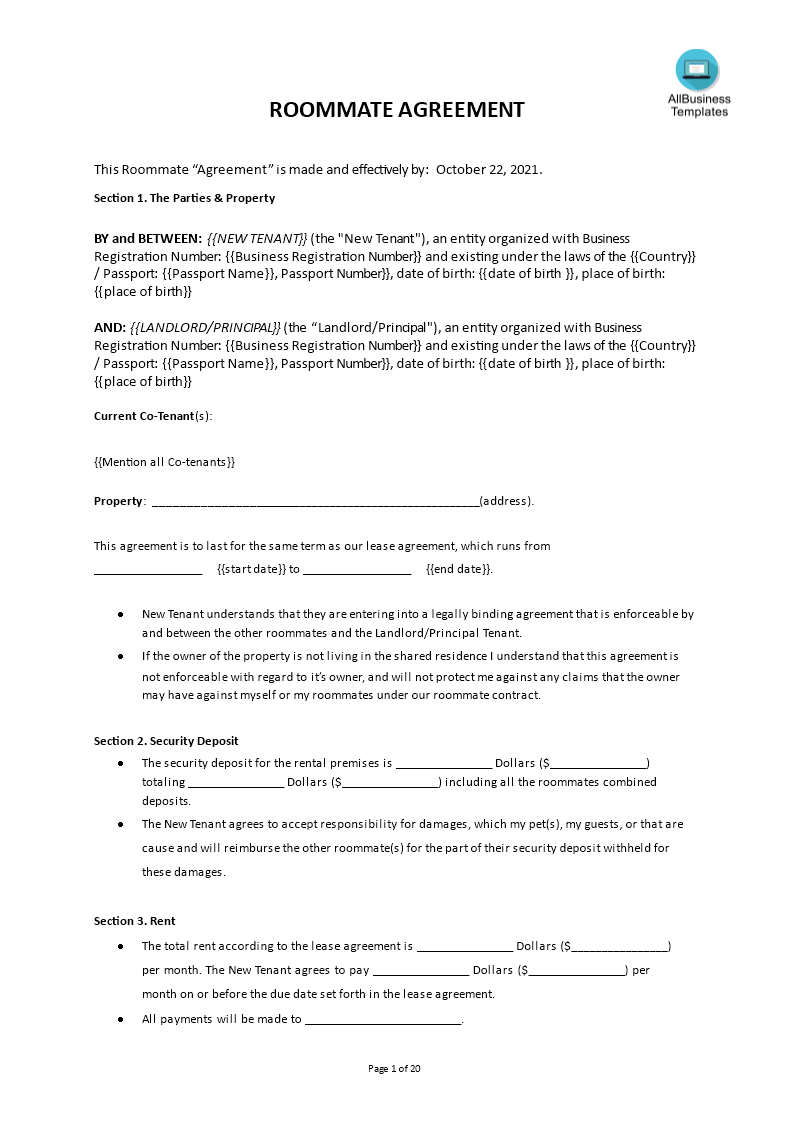 roommate agreement template template