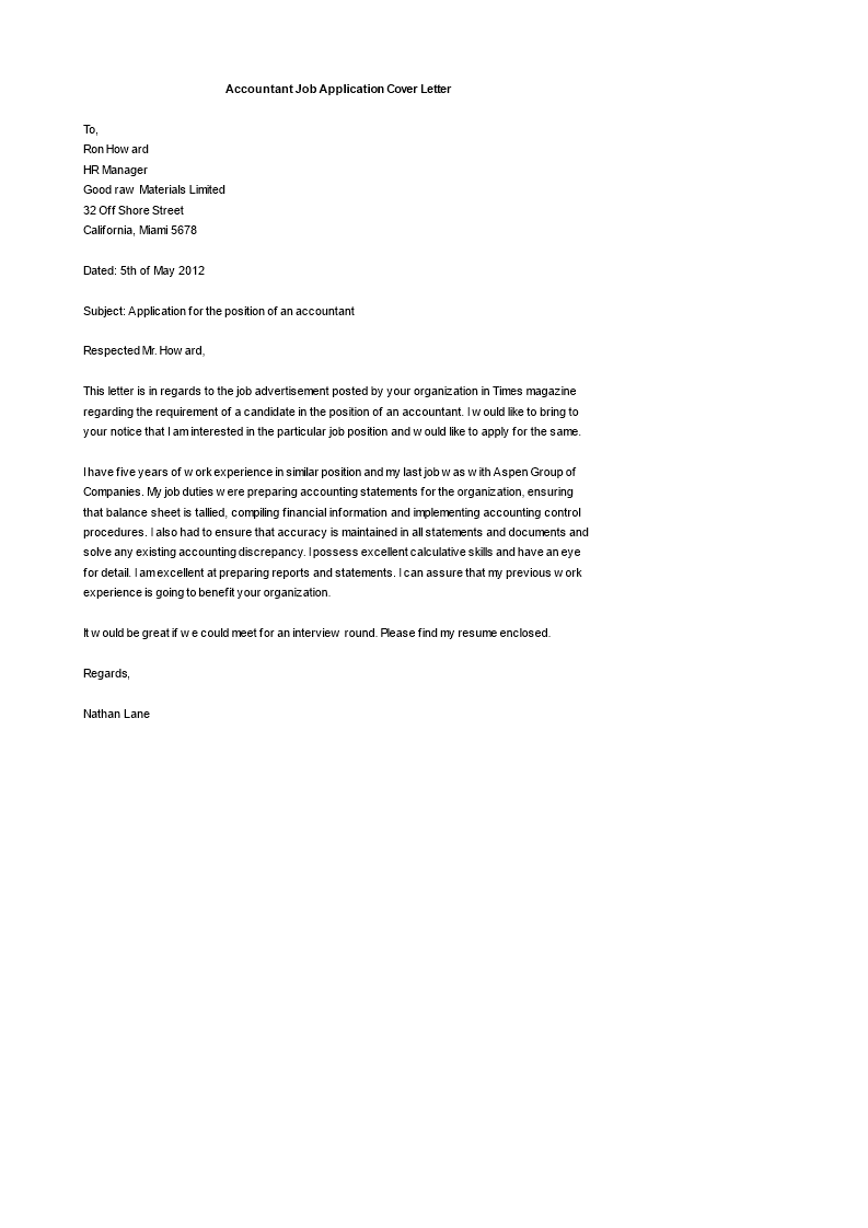 Accounting Cover Letter Templates At Allbusinesstemplates Com
