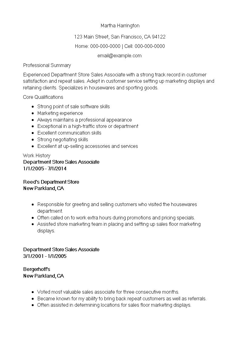department sales associate resume template
