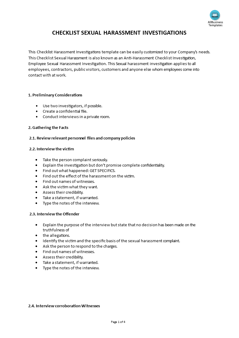 Checklist Sexual Harassment Investigation Templates At