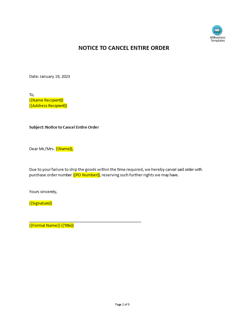 Notice to cancel shipment of back ordered goods | Templates at ...