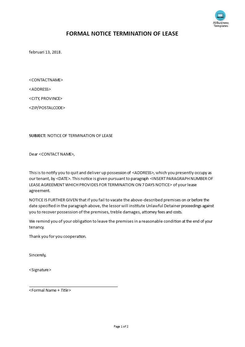 Formal Letter Landlord Notice of Termination Lease Templates at