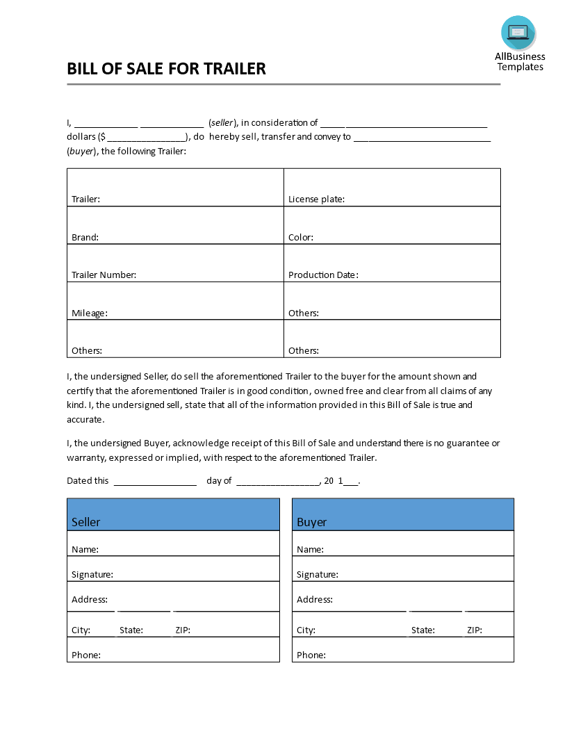 Free Bill Of Sale Template For Trailer Printable Templates