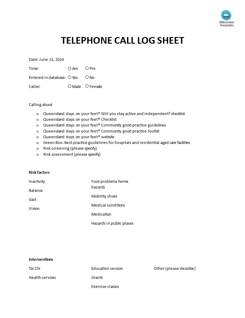 telephone call log sheet template