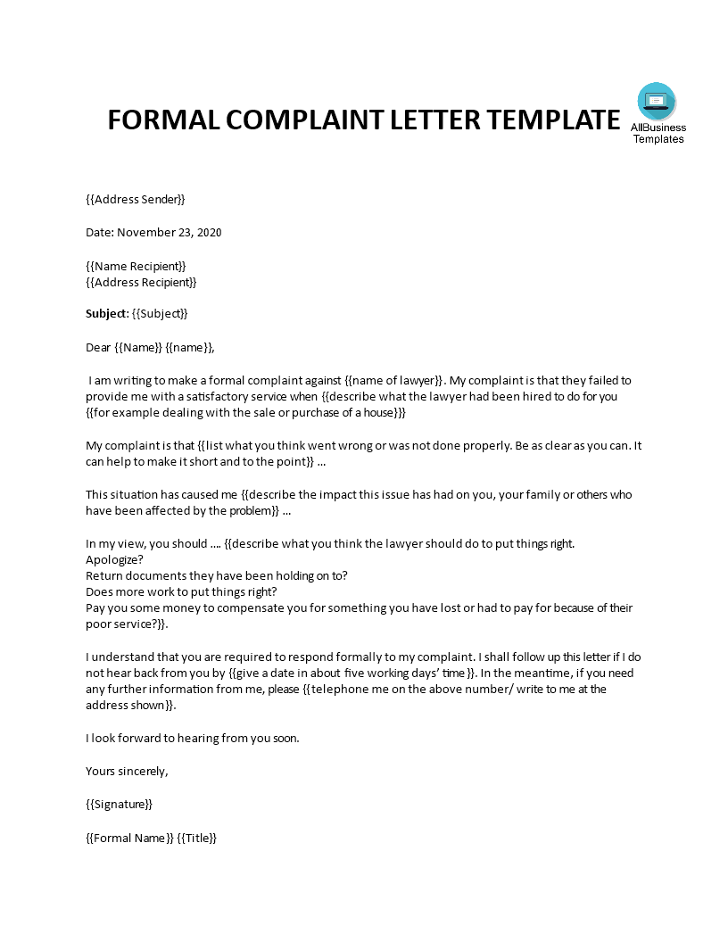 Formal Complaint Letter Against A Lawyer Or Law Firm Templates At 