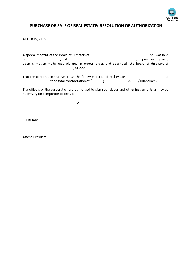 purchase or sale of real estate corp. authorization template