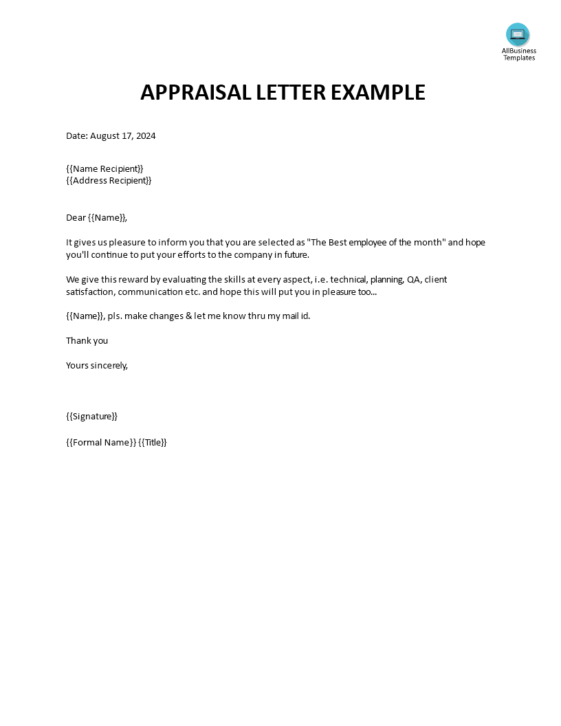 appraisal letter example voorbeeld afbeelding 