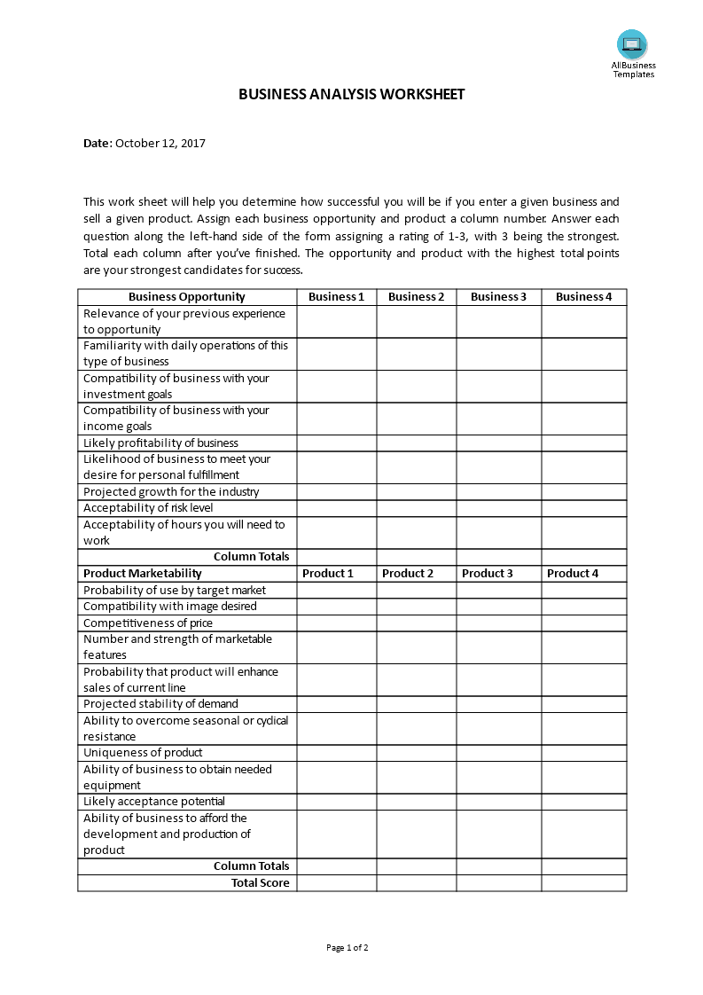 market analysis - worksheet_business analysis modèles