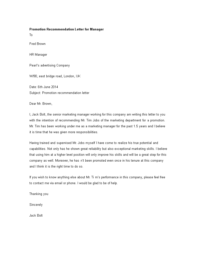 Promotion Recommendation Letter For Manager Templates At 1224