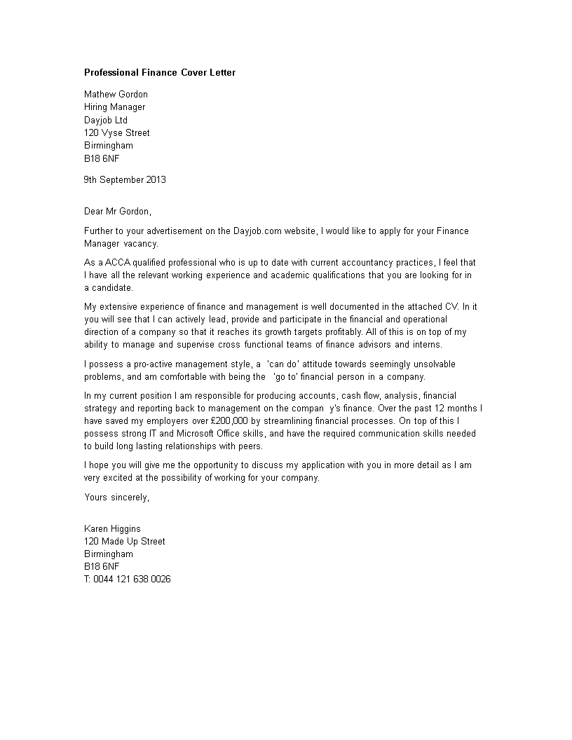 cover letter for experienced finance professionals
