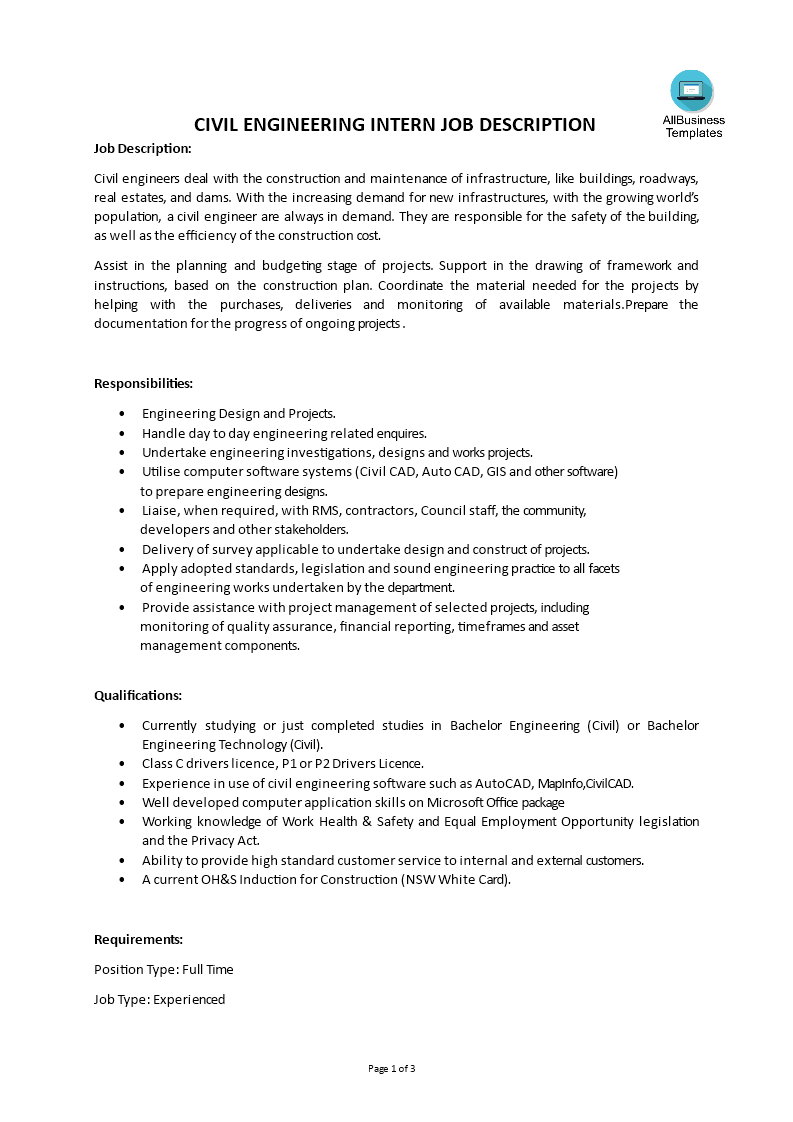  Civil Engineering Intern Job Description 