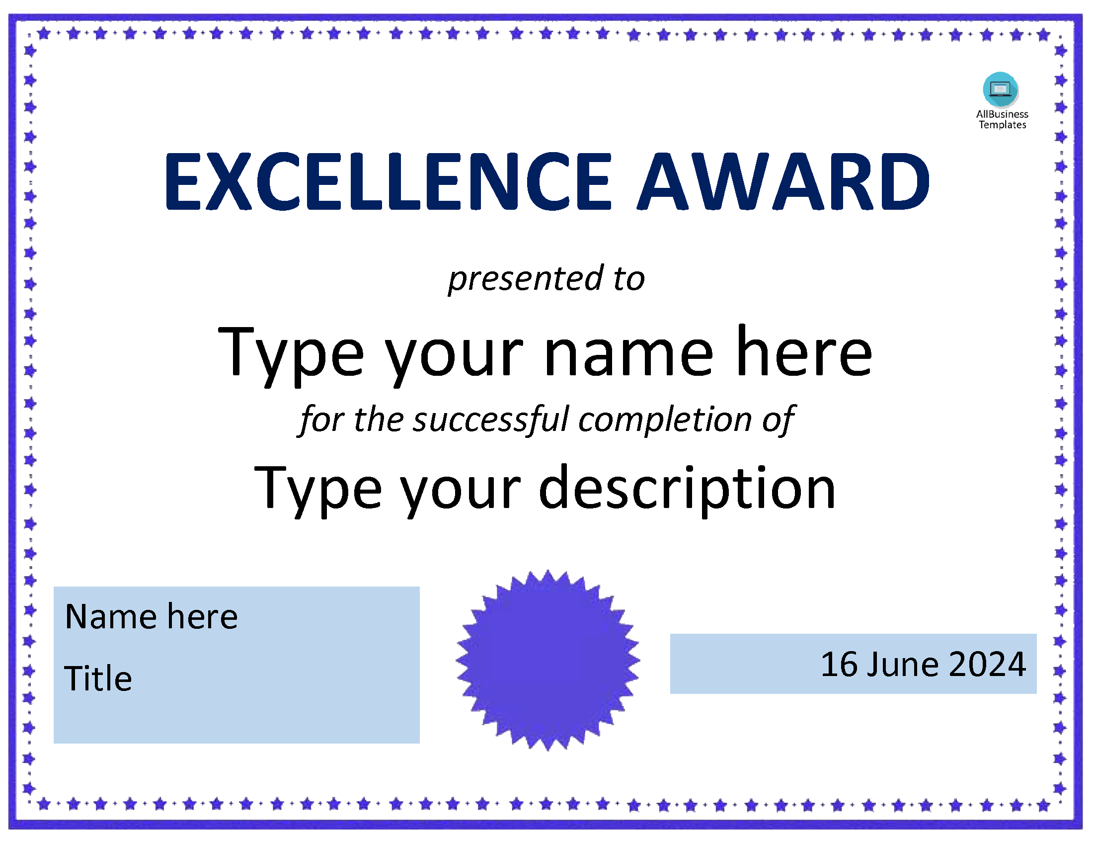 excellence award certificate modèles