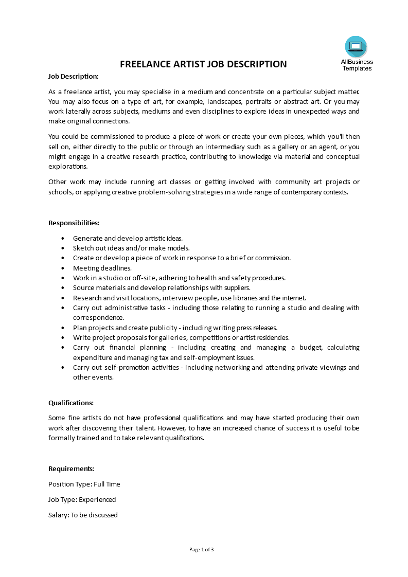 Gratis Freelance Artist Job Description