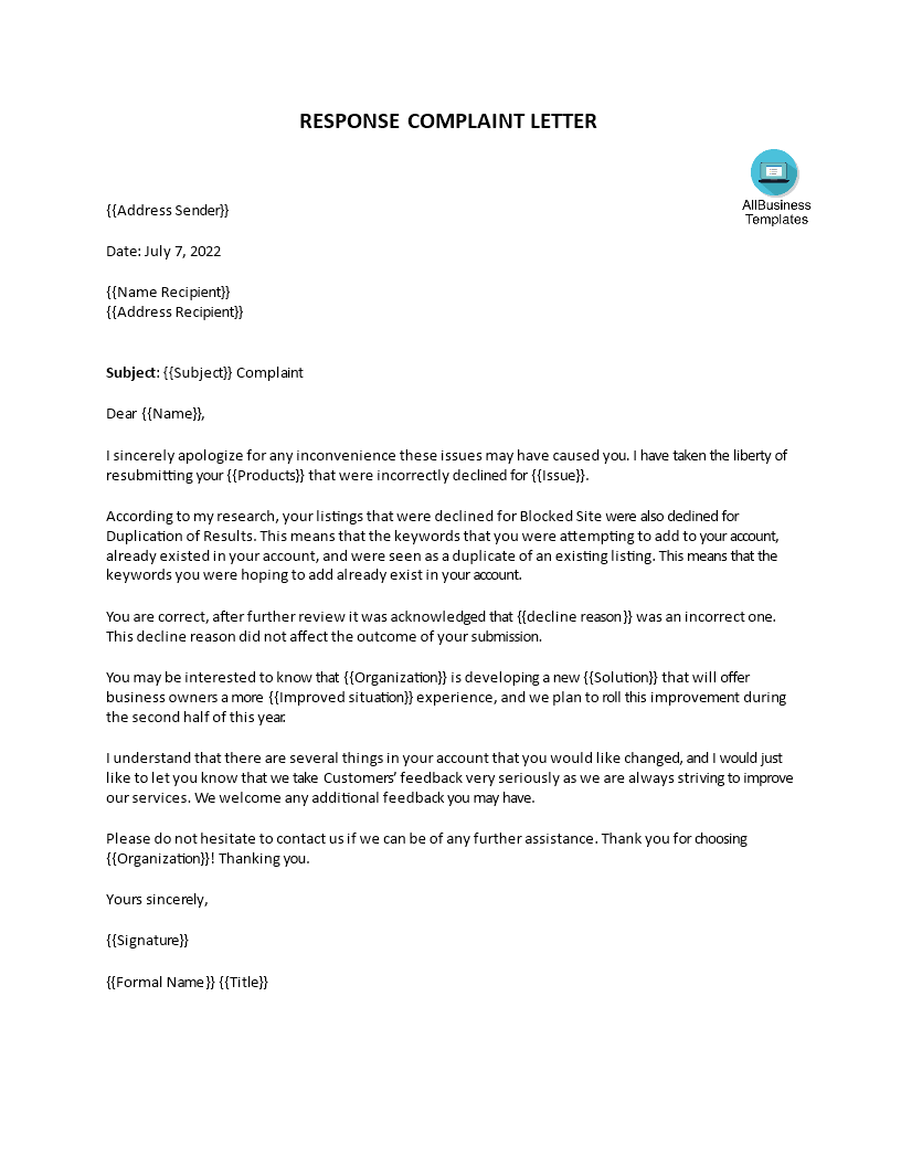 Kostenloses Customer Complaint Response Letter