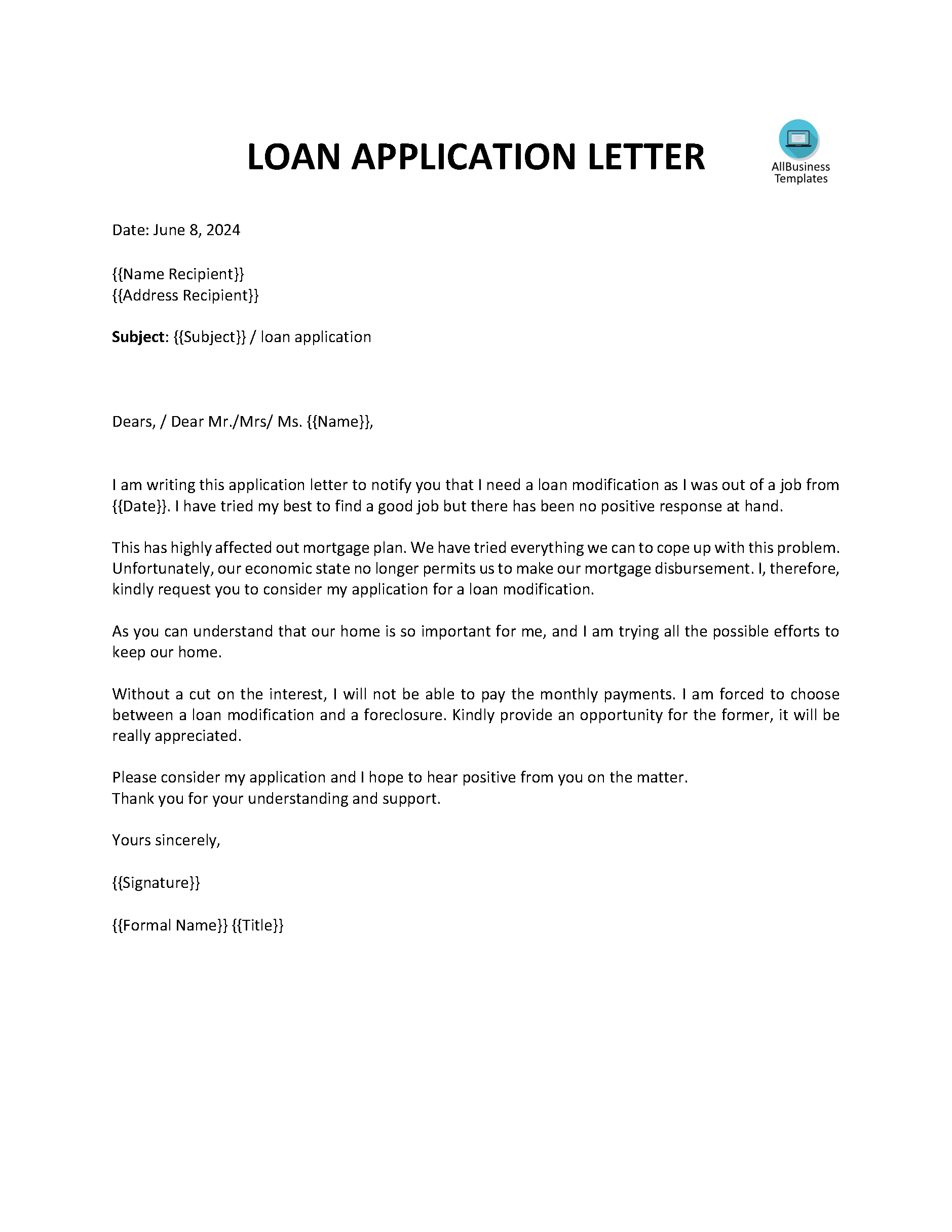 Basic Loan Application Letter | Templates at allbusinesstemplates.com