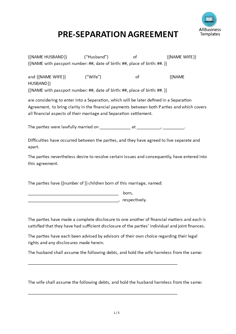 Pre Separation Agreement Templates At Allbusinesstemplates