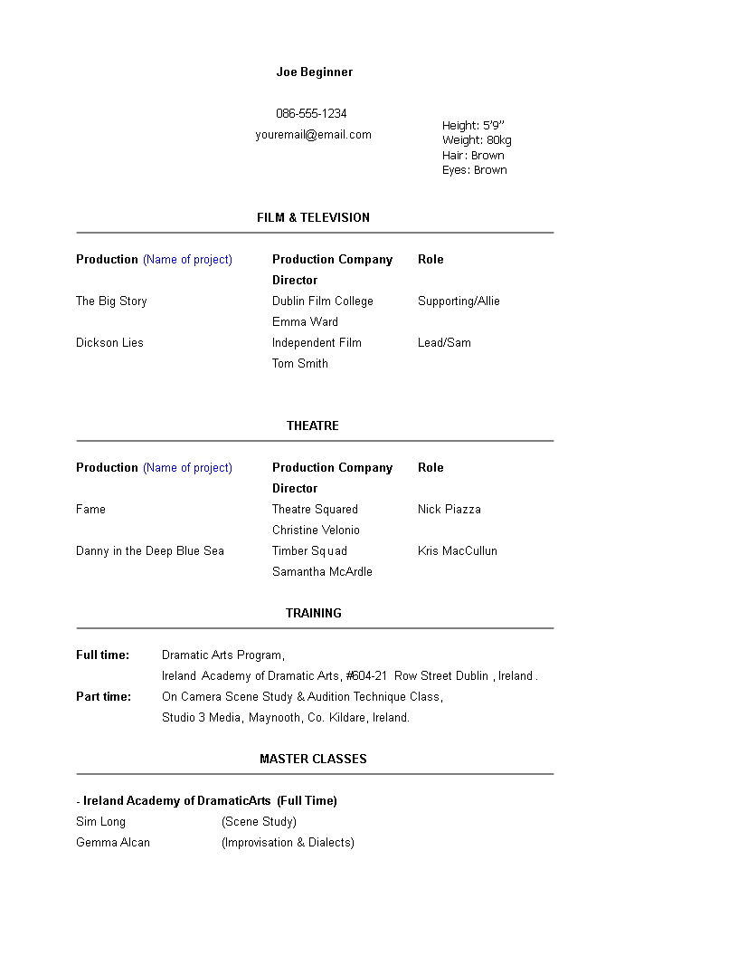 Beginner Acting Resume Template Templates At Allbusinesstemplates