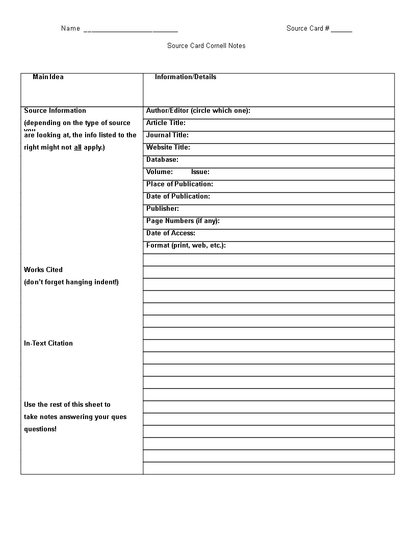 Printable Cornell Note Taking Word Templates at