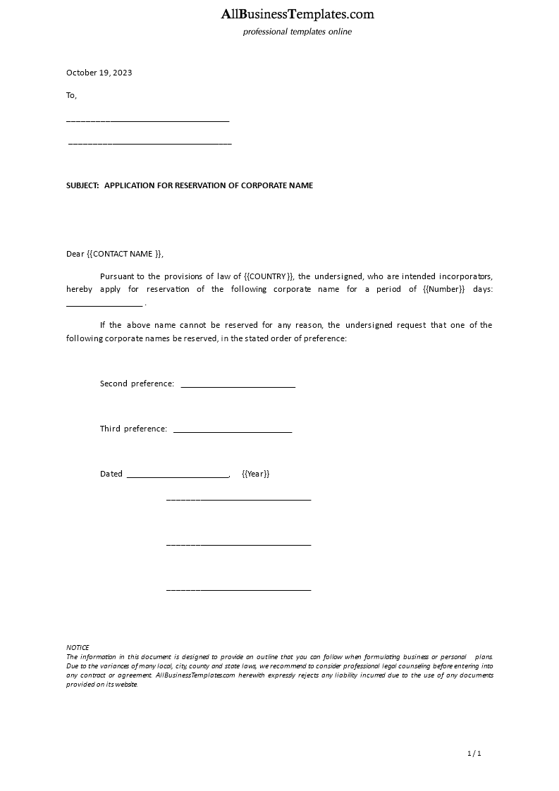 Na premium Application Letter Register Corporate Name Template