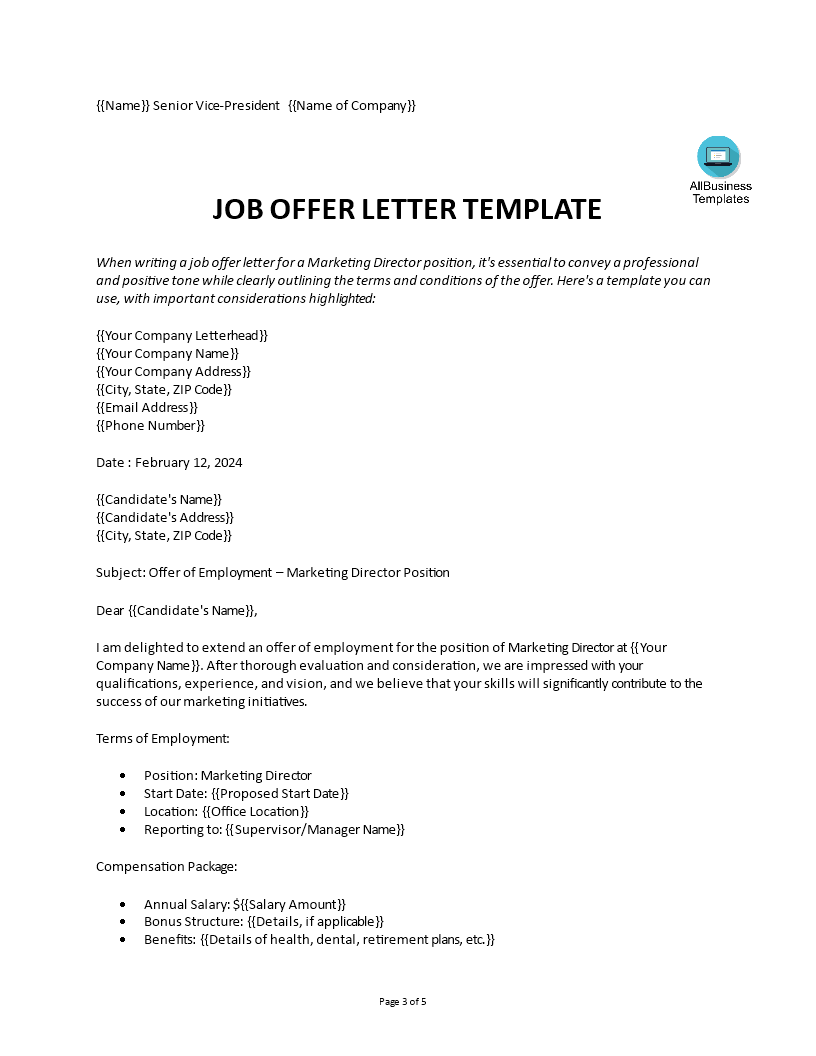 Job Offer Letter | Templates at allbusinesstemplates.com