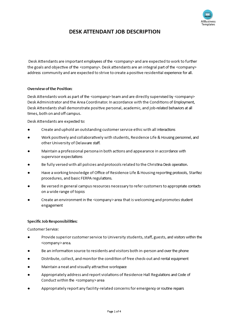 Desk Attendant Job Description Premium Schablone