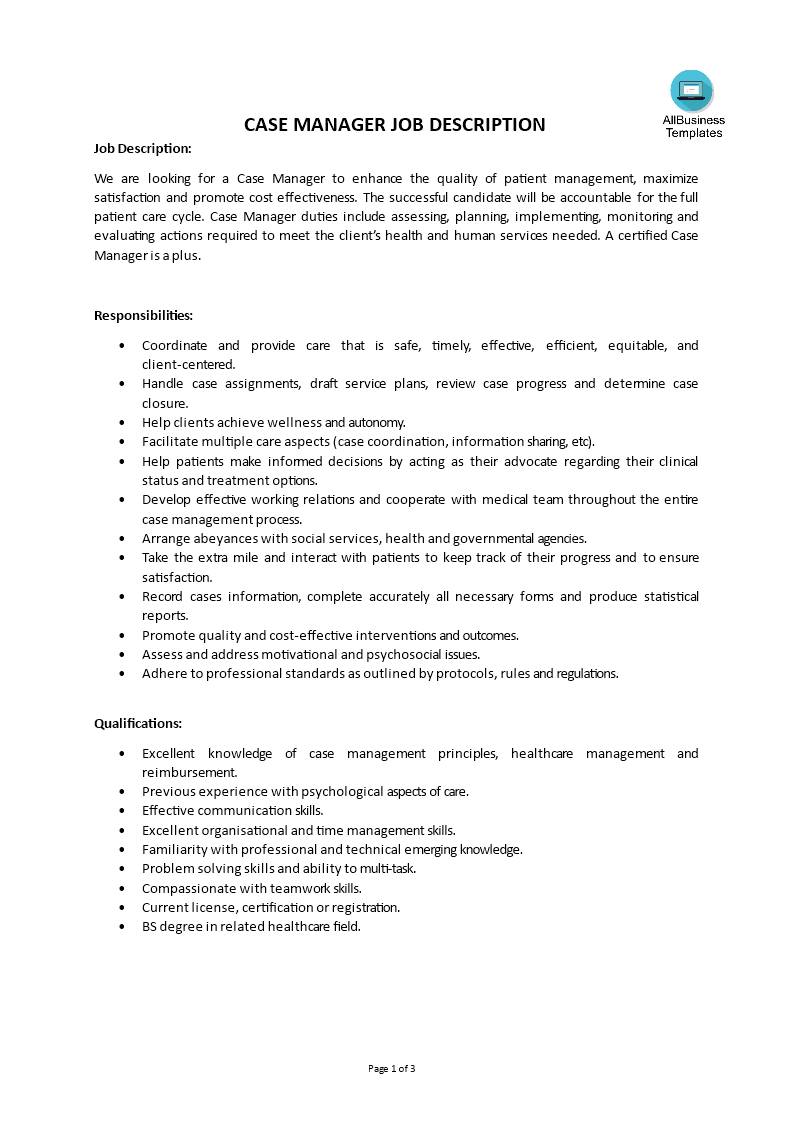 Case Manager Job Description Gratis