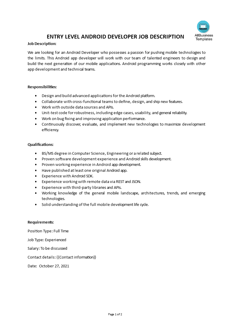 Gratis Entry Level Android Developer Job Description