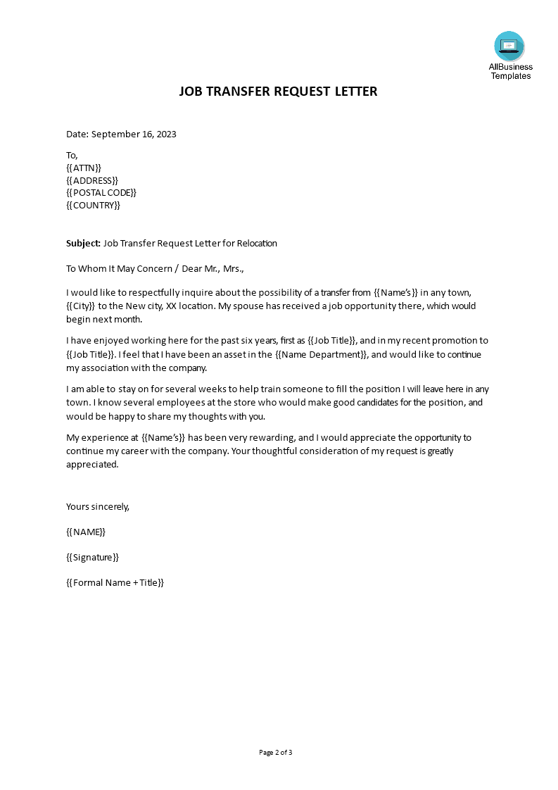 Job Transfer Request Letter Relocation Template ...