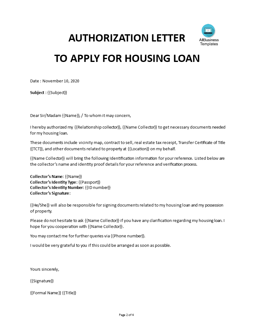 Kostenloses Housing Loan authorization letter template