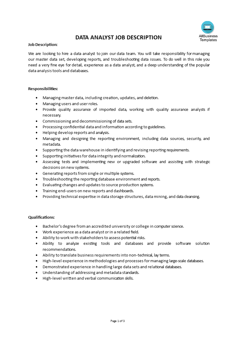  Data Analyst Job Description Allbusinesstemplates