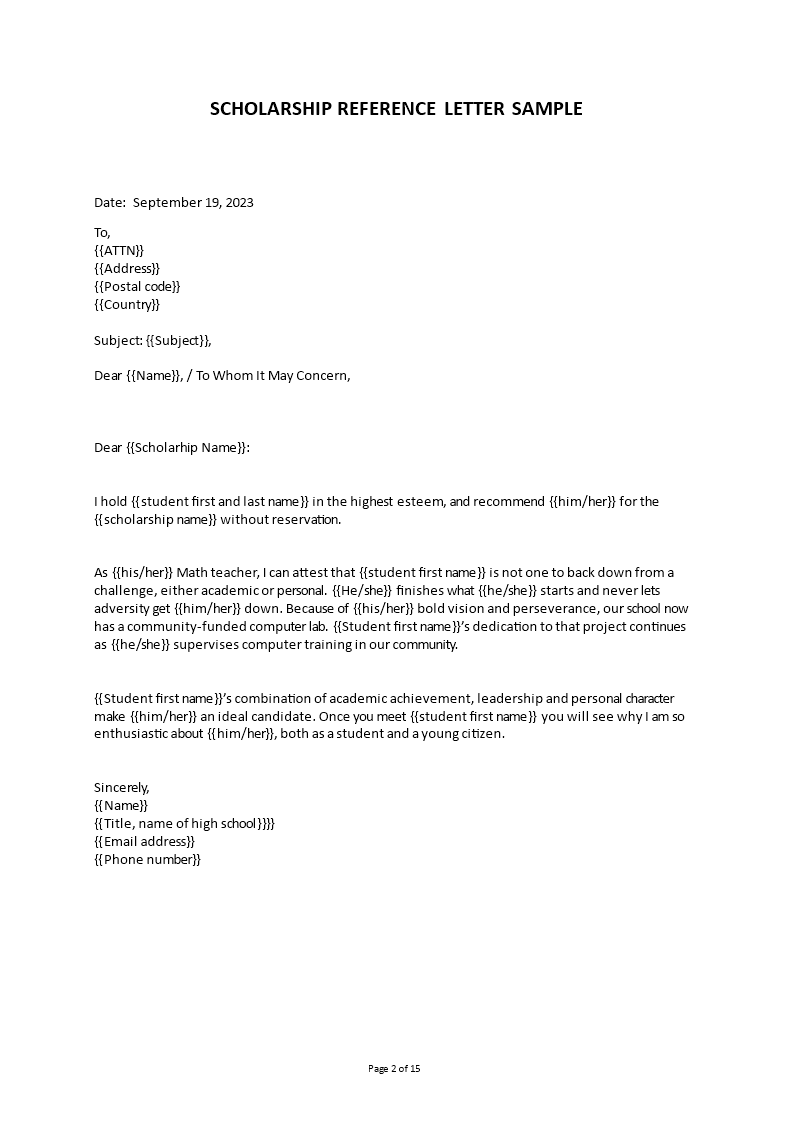 Recommendation Letter For Scholarship From Teacher | Templates at ...