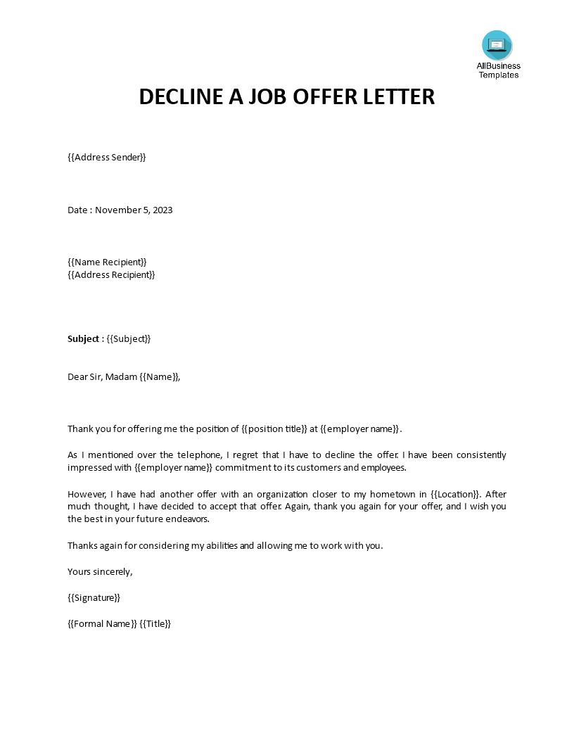 Decline Job Offer Templates At Allbusinesstemplates