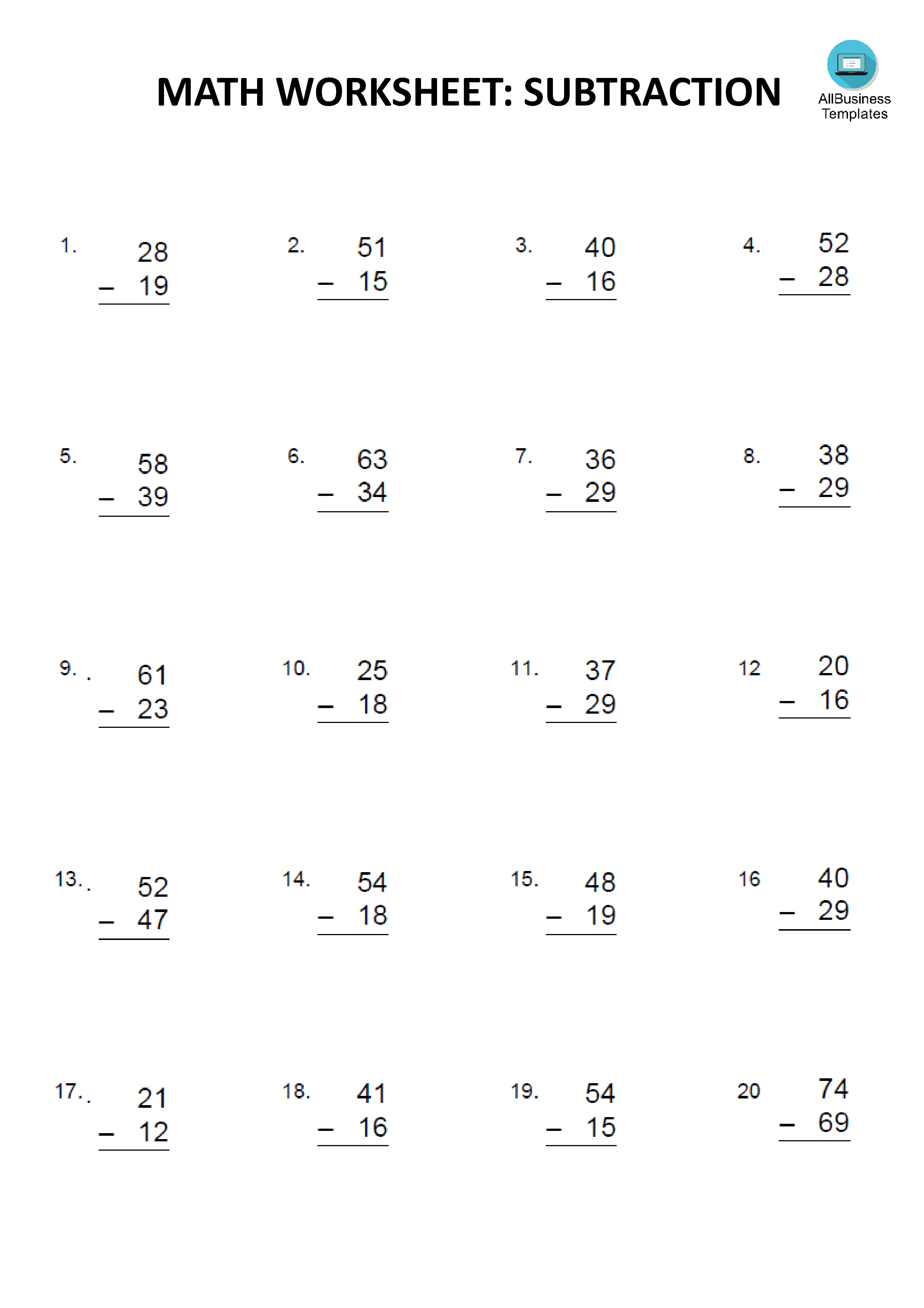 Mathematics Subtract Practicing Worksheet Gratis