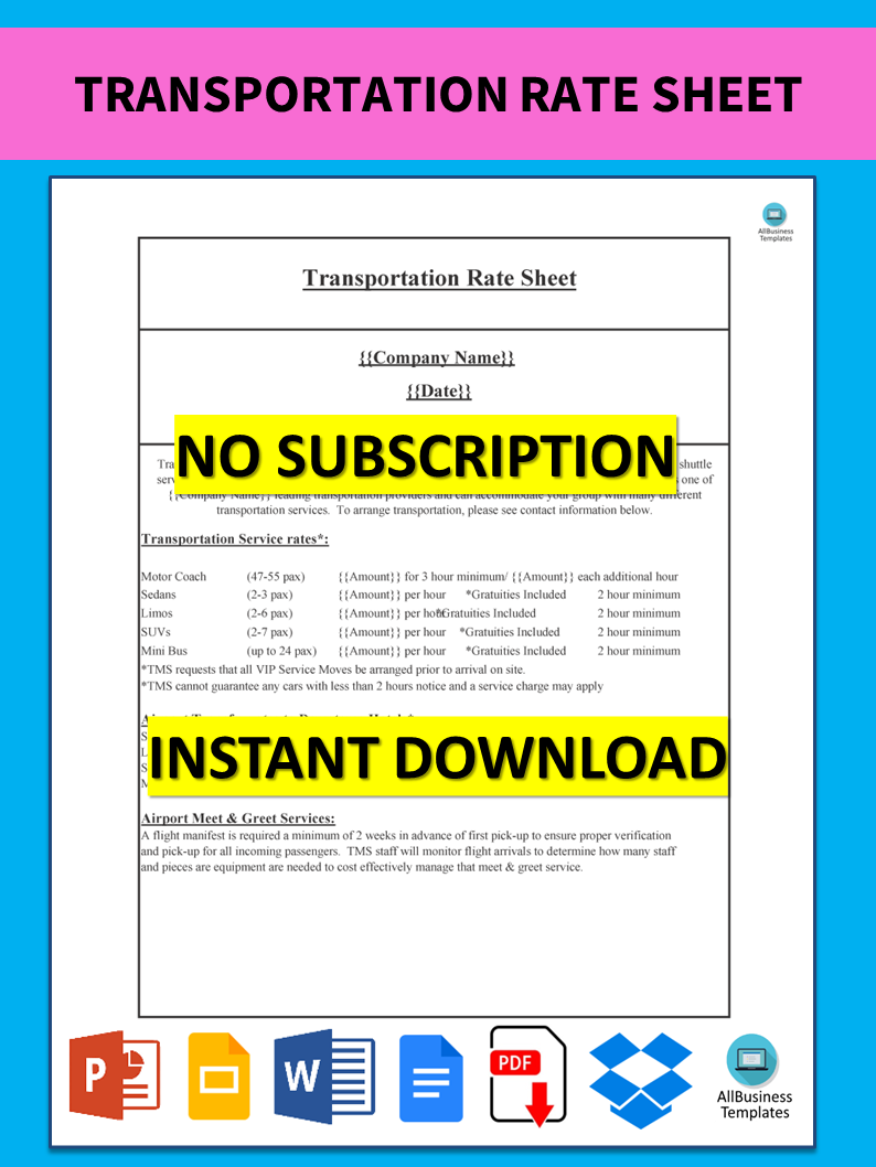 transportation rate sheet voorbeeld afbeelding 