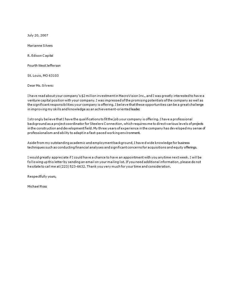 private equity internship cover letter
