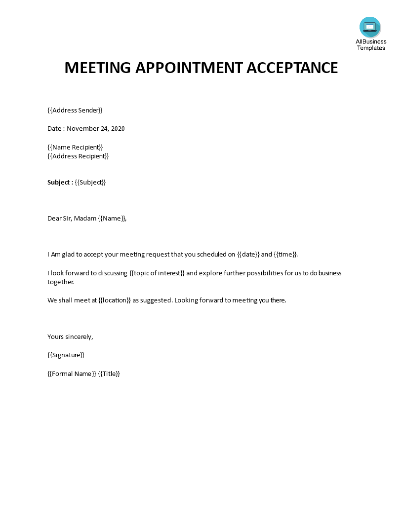 Meeting Appointment Acceptance Letter Templates At 