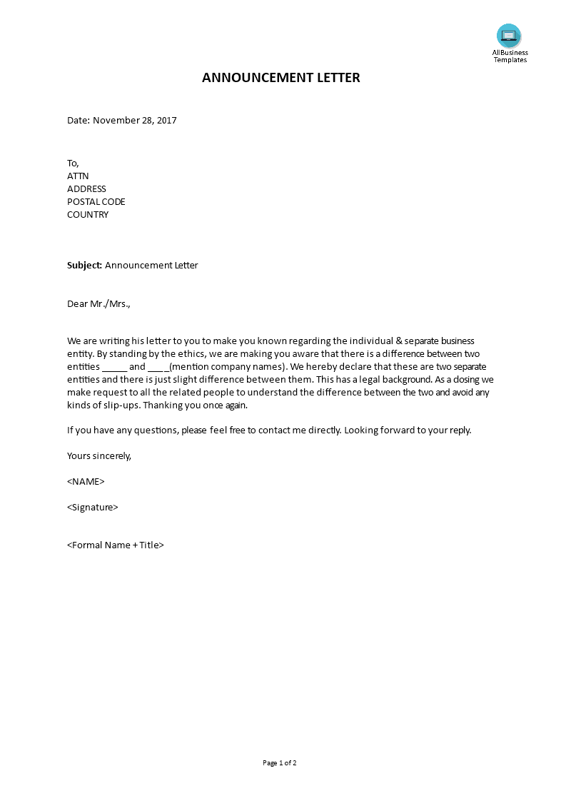 announment letter format template