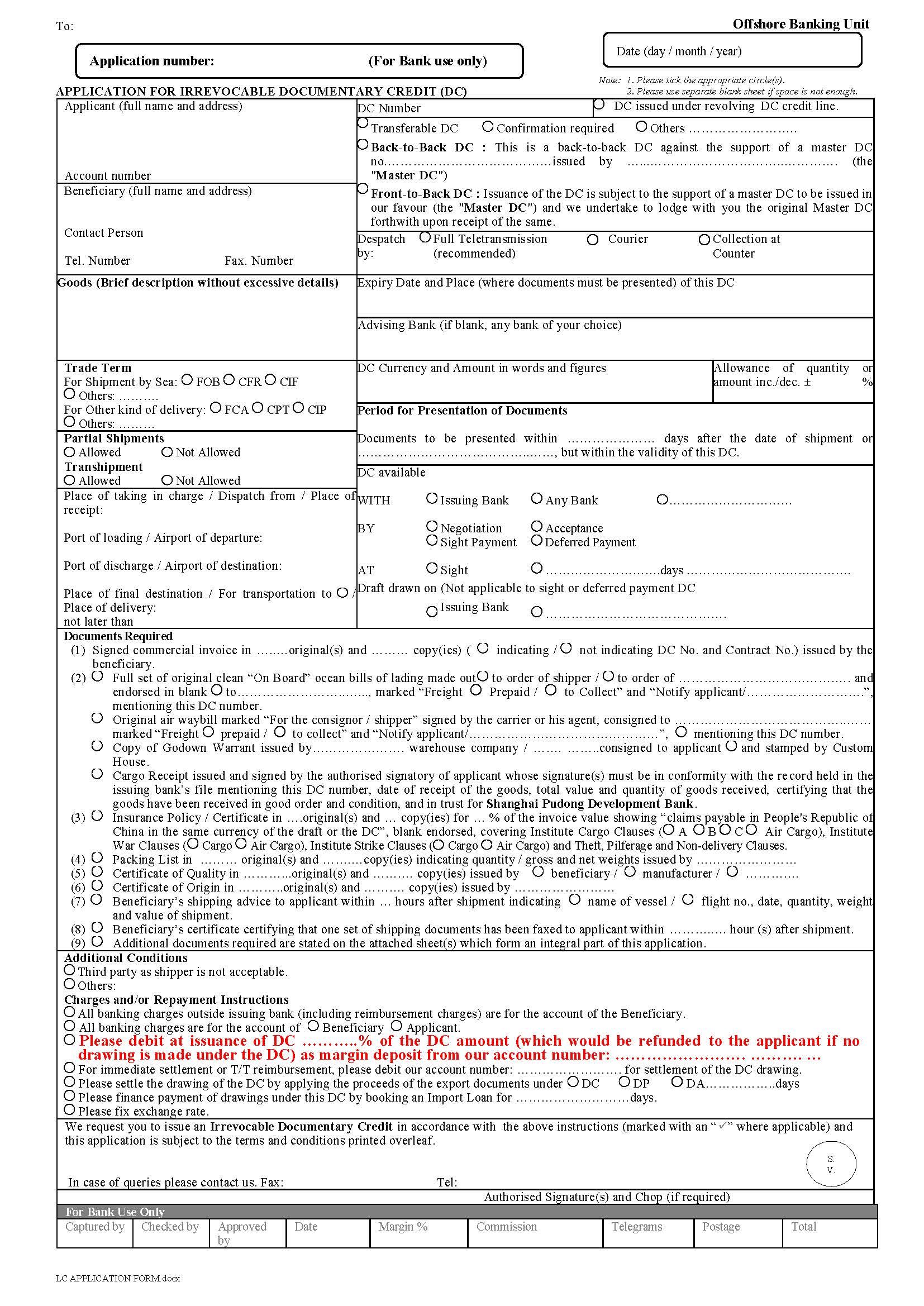 Letter Of Credit Application Sample PDF Template