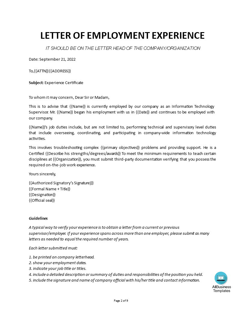 T l charger Gratuit Work Experience Letter