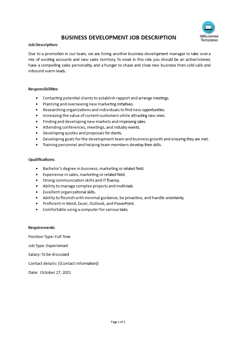 Gratis Business Development Job Description