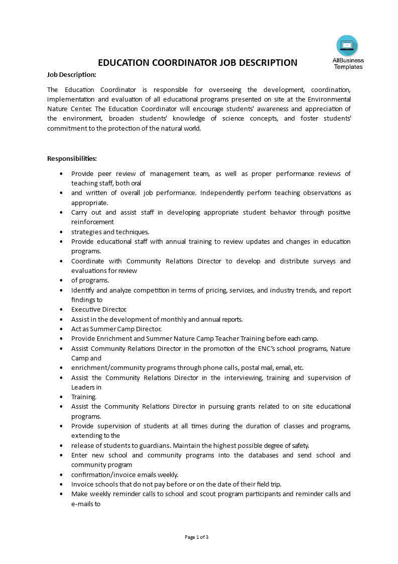  Education Coordinator Job Description Allbusinesstemplates