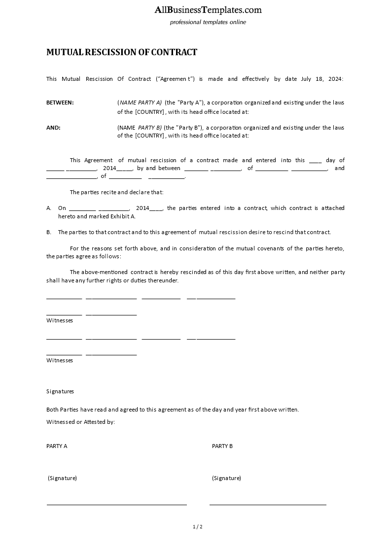 mutual rescission of contract template