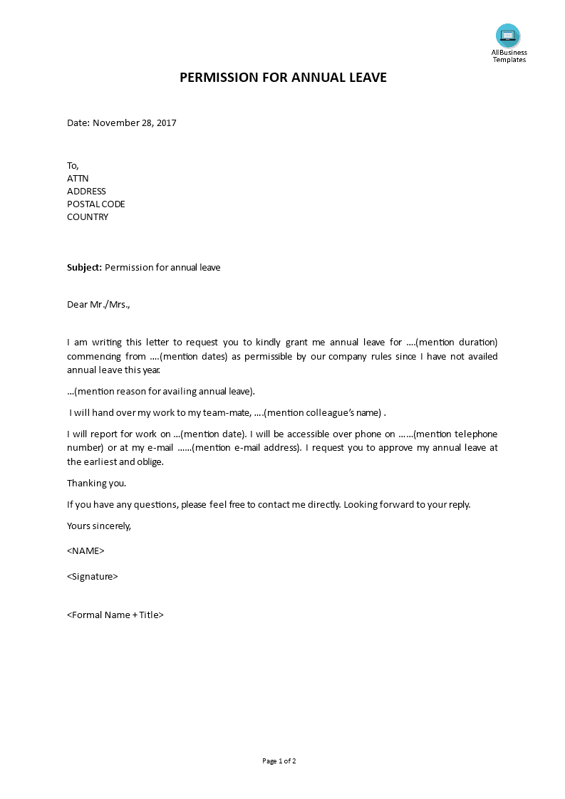examples of application letter for annual leave