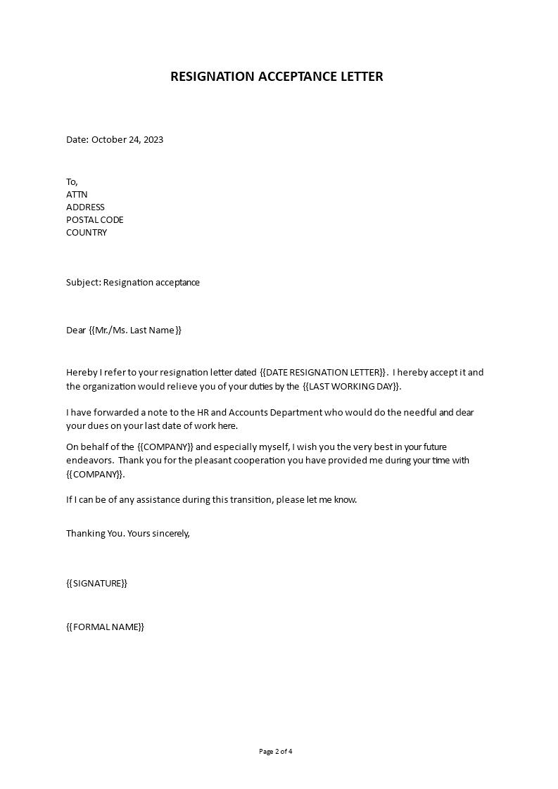 Resignation Request Acceptance Letter | Templates at ...