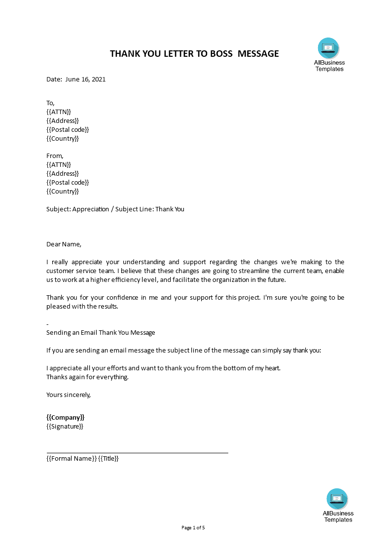 Professional Thank You Letter To Boss For Appreciation Templates At 