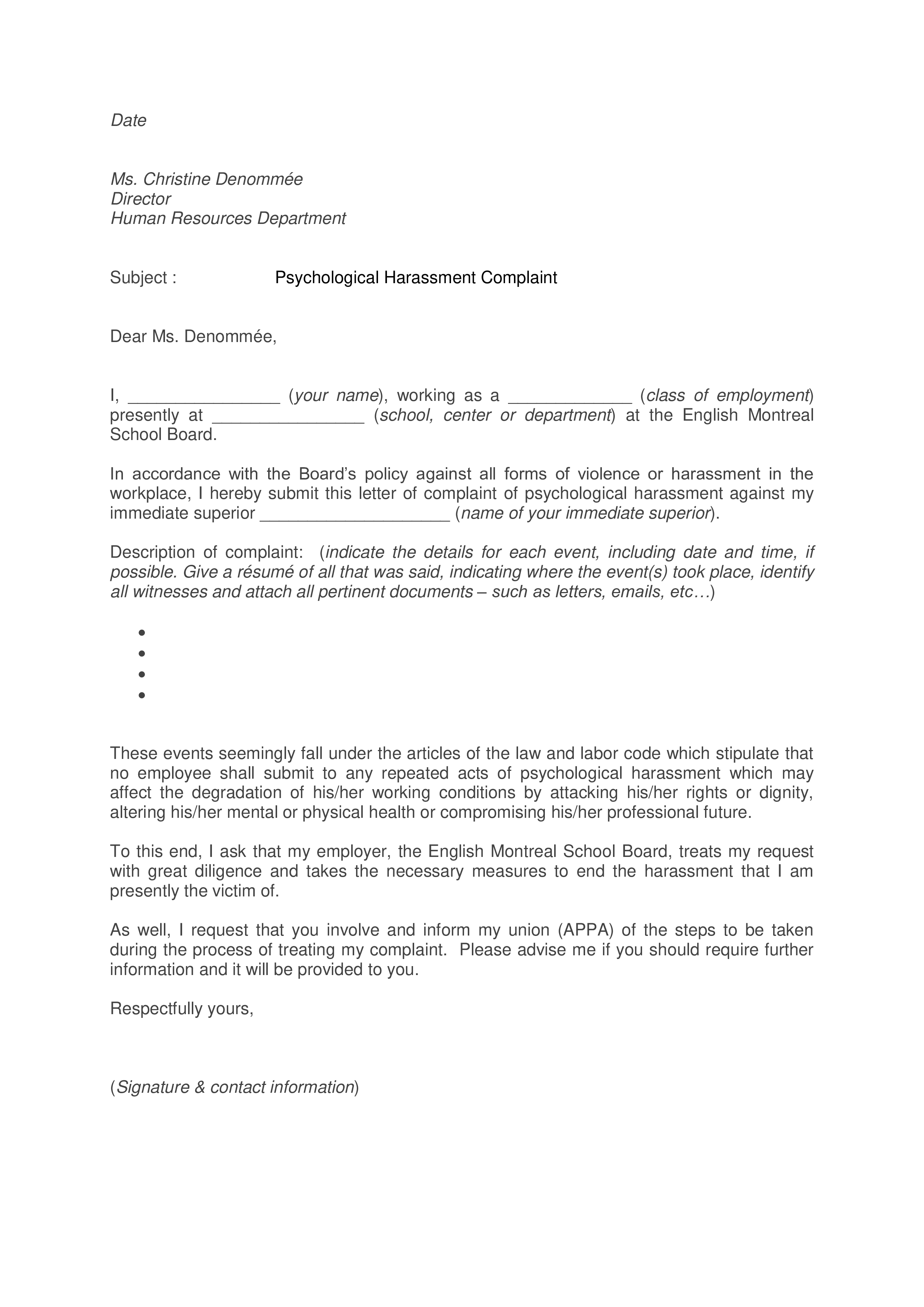 Sample Harrasement Complaint Letter Templates At Allbusinesstemplates