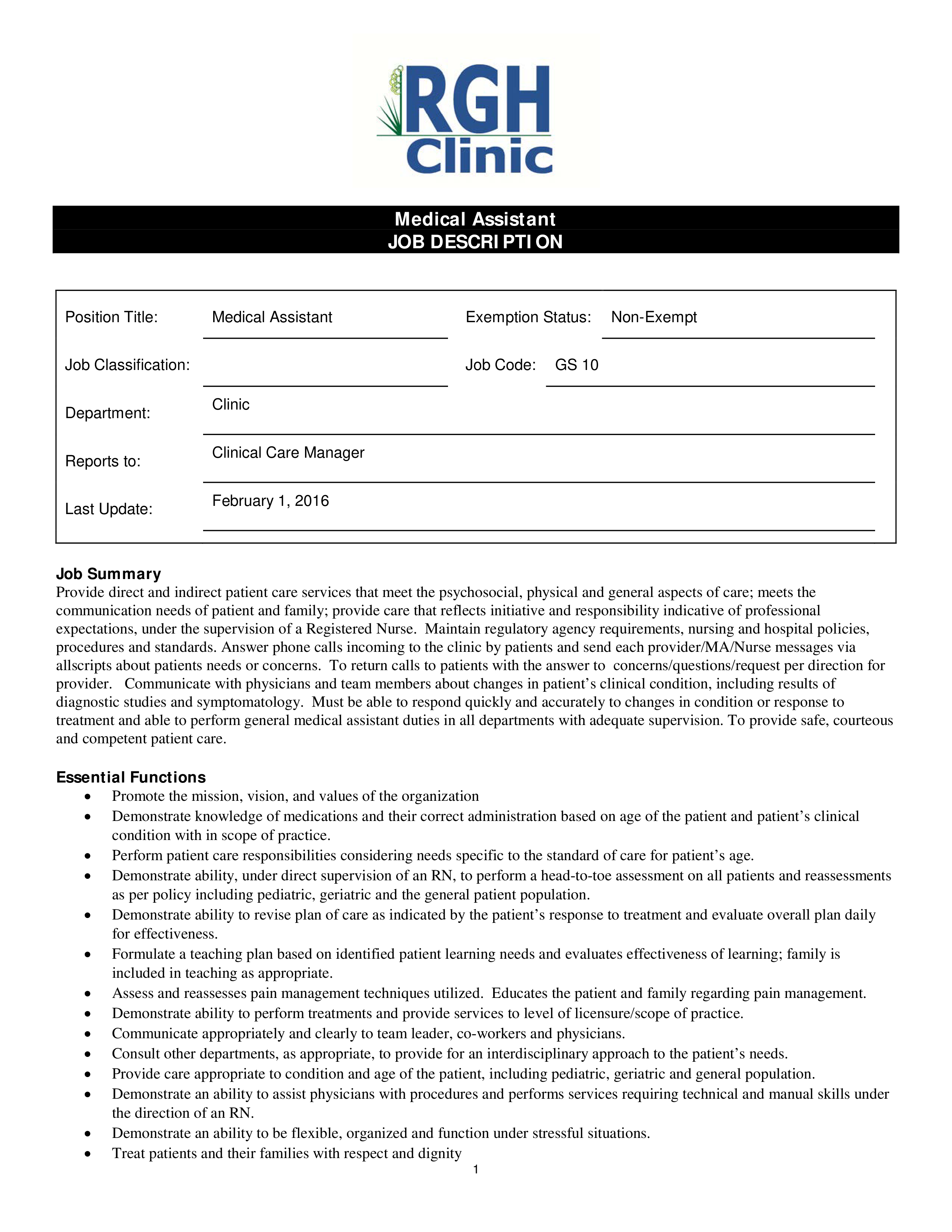 Sample Clinic Medical Assistant Job Description Templates At 